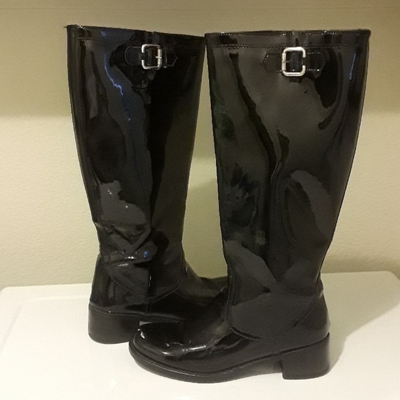black patent leather rain boots